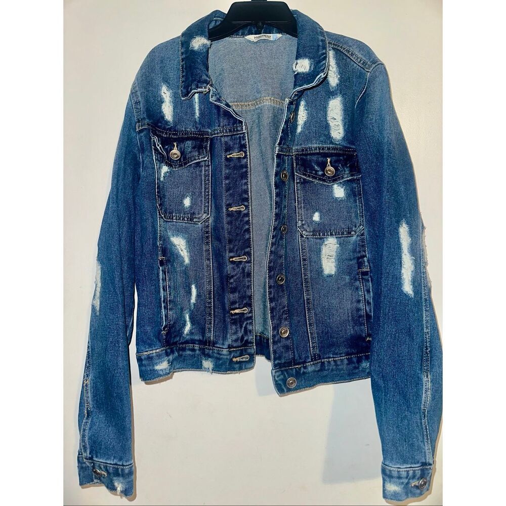 HIGHWAY jean women’s blue cropped distressed jean jackets button pockets size xl